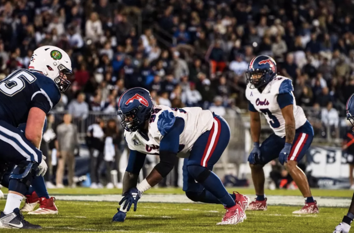 Defensive lineman Prince James Boyd lining up at the University of Connecticut on Sept. 21. 